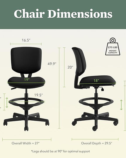 HON Volt Armless Task Seating, Stool, Black Fabric Stool - LeafyLoom