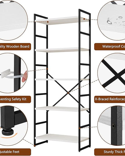 Shintenchi 2 Pieces 5 Tiers Bookshelf, Classically Tall Bookcase Shelf, Industrial Book Rack, Modern Book Holder in Bedroom/Living Room/Home/Office, Storage Rack Shelves for Books/Movies-White - LeafyLoom