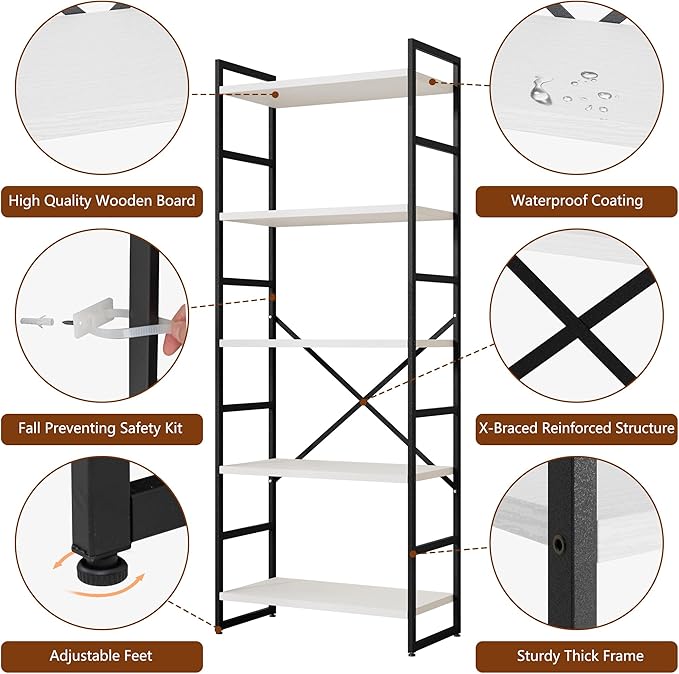 Shintenchi 2 Pieces 5 Tiers Bookshelf, Classically Tall Bookcase Shelf, Industrial Book Rack, Modern Book Holder in Bedroom/Living Room/Home/Office, Storage Rack Shelves for Books/Movies-White - LeafyLoom