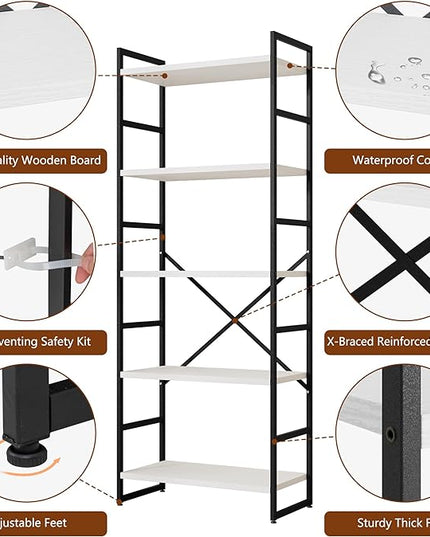 Shintenchi 2 Pieces 5 Tiers Bookshelf, Classically Tall Bookcase Shelf, Industrial Book Rack, Modern Book Holder in Bedroom/Living Room/Home/Office, Storage Rack Shelves for Books/Movies-White - LeafyLoom