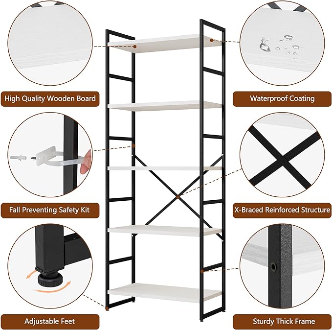 Shintenchi 2 Pieces 5 Tiers Bookshelf, Classically Tall Bookcase Shelf, Industrial Book Rack, Modern Book Holder in Bedroom/Living Room/Home/Office, Storage Rack Shelves for Books/Movies-White - LeafyLoom