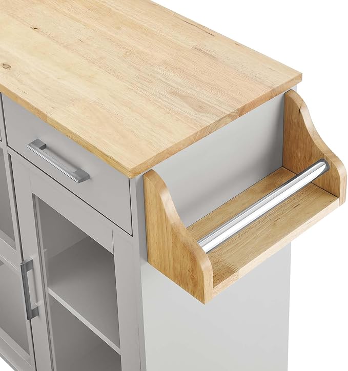 Modway Culinary Rolling Kitchen Cart with Storage in Light Gray Natural - 3 Tiers Kitchen Island on Wheels with Spice Rack, Functional as a Coffee Station, Bar Cabinet or Butcher Block Island - LeafyLoom