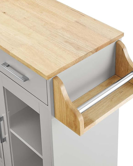 Modway Culinary Rolling Kitchen Cart with Storage in Light Gray Natural - 3 Tiers Kitchen Island on Wheels with Spice Rack, Functional as a Coffee Station, Bar Cabinet or Butcher Block Island - LeafyLoom