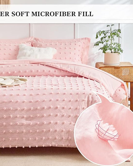 7 Pieces Tufted Dots Bed in a Bag Queen Comforter Set Girls Pink , Soft and Embroidery Shabby Chic Boho Comforters, Luxury Solid Color with Pom Pom Design, Jacquard Tufts Bedding Set for All Season - LeafyLoom