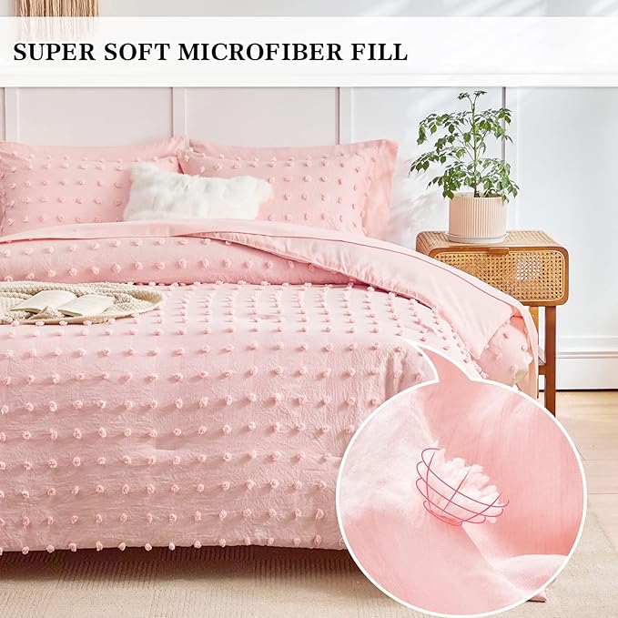 7 Pieces Tufted Dots Bed in a Bag Queen Comforter Set Girls Pink , Soft and Embroidery Shabby Chic Boho Comforters, Luxury Solid Color with Pom Pom Design, Jacquard Tufts Bedding Set for All Season - LeafyLoom