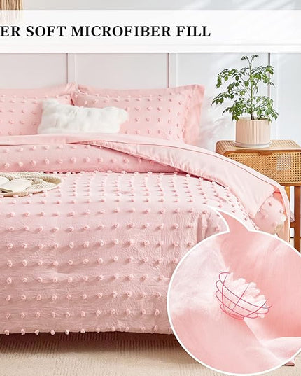 7 Pieces Tufted Dots Bed in a Bag King Comforter Set with Sheets Pink , Soft and Embroidery Shabby Chic Boho Comforters, Solid Color with Pom Pom Design, Jacquard Tufts Bedding Set for All Season - LeafyLoom