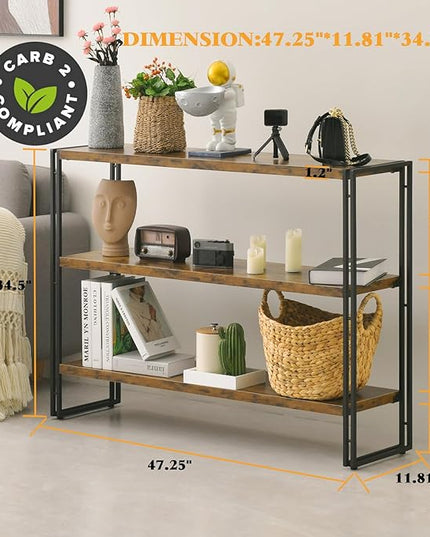 HCHQHS 3-Tier Rustic Wood and Metal Industrial Bookshelf for Home Office, Bedroom, Kitchen, Bathroom - 47in - LeafyLoom