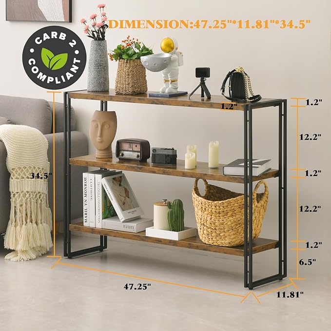 HCHQHS 3-Tier Rustic Wood and Metal Industrial Bookshelf for Home Office, Bedroom, Kitchen, Bathroom - 47in - LeafyLoom