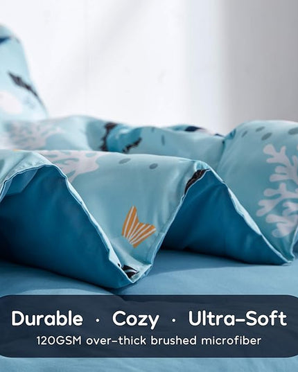 SLEEP ZONE Kids Bedding Comforter Set Full/Queen Size - Super Cute & Soft Kids Bedding 7 Pieces Set with Comforter, Sheet, Pillowcase & Sham (Little Fish) - LeafyLoom