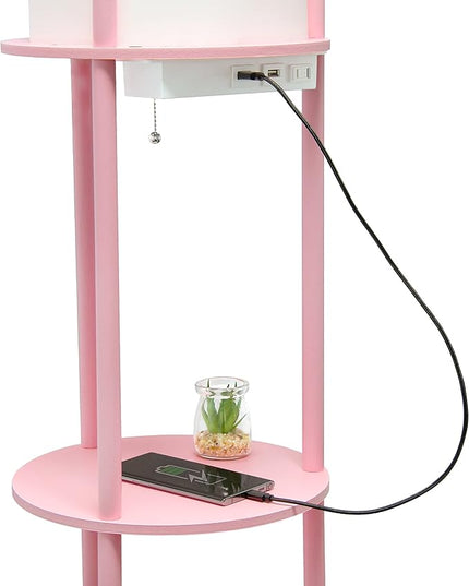 Simple Designs LF2010-LPK 62.5" Round Modern Shelf Etagere Organizer Storage Floor Lamp with 2 USB Charging Ports, 1 Charging Outlet and Linen Shade for Living Room Bedroom Office, Light Pink - LeafyLoom