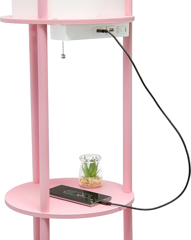 Simple Designs LF2010-LPK 62.5" Round Modern Shelf Etagere Organizer Storage Floor Lamp with 2 USB Charging Ports, 1 Charging Outlet and Linen Shade for Living Room Bedroom Office, Light Pink - LeafyLoom