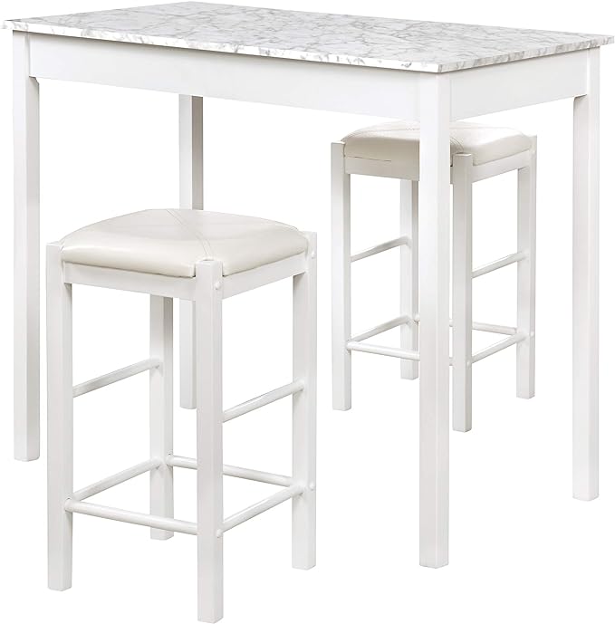 Linon White 3 Piece Faux Marble Tavern Set - LeafyLoom