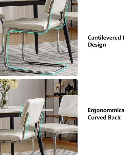 Forevich Mid Century Modern Dining Chairs Set of 2, Leather Kitchen Dining Room Side Chairs Upholstered Armless Accent Chairs with Metal Chrome Legs for Living Room, Bedroom White - LeafyLoom