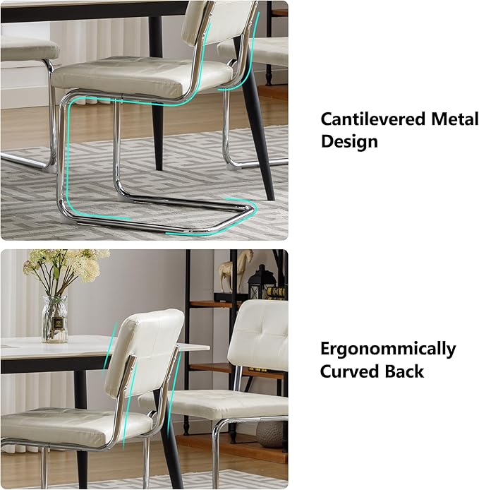 Forevich Mid Century Modern Dining Chairs Set of 2, Leather Kitchen Dining Room Side Chairs Upholstered Armless Accent Chairs with Metal Chrome Legs for Living Room, Bedroom White - LeafyLoom