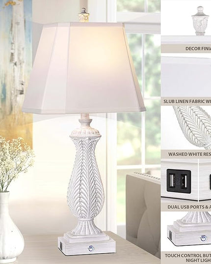 3-Way Dimmable Table Lamps for Bedrooms Set of 2, 30" H Touch Lamps for Living Room with 2 USB Ports and AC Outlet, White Mermaid Bedside Lamp for Nightstand, Resin Farmhouse Rustic Lamp with 2 Bulb - LeafyLoom