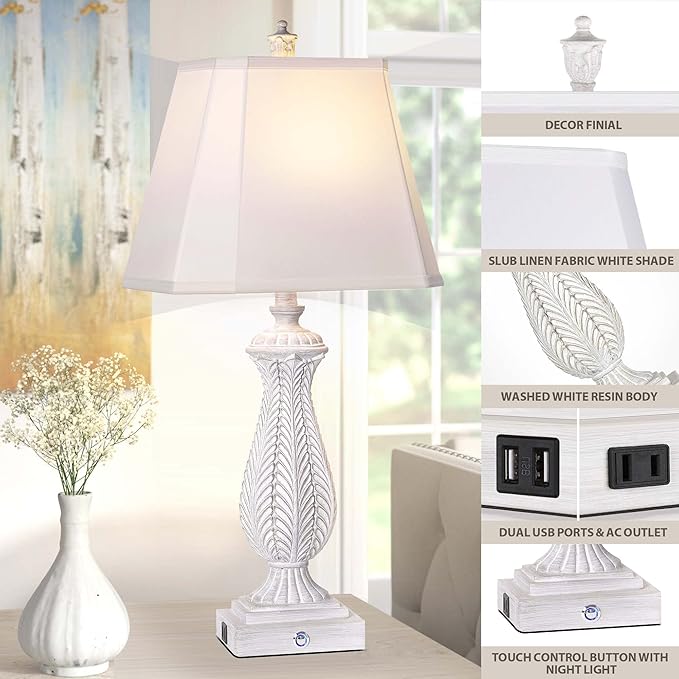 3-Way Dimmable Table Lamps for Bedrooms Set of 2, 30" H Touch Lamps for Living Room with 2 USB Ports and AC Outlet, White Mermaid Bedside Lamp for Nightstand, Resin Farmhouse Rustic Lamp with 2 Bulb - LeafyLoom