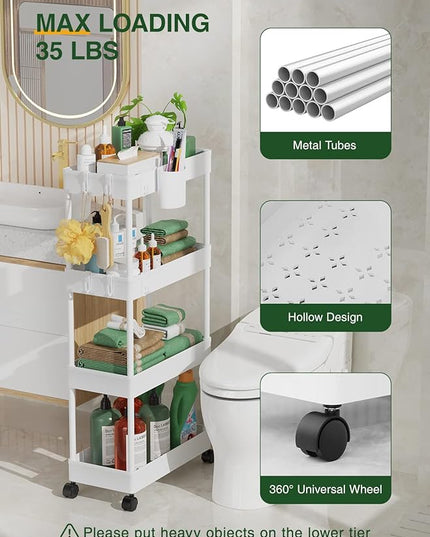 LEHOM Slim Rolling Storage Cart - 4 Tiers Bathroom Organizer Utility Cart Slide Out Storage Shelves Mobile Shelving Unit for Kitchen, Bedroom, Office, Laundry Room, Small Narrow Spaces (Pear White) - LeafyLoom