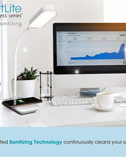 OttLite Achieve LED Sanitizing Desk Lamp Wireless Charging and USB Charging - Touch Activated, Flexible Neck, Modern Light for Reading, Crafting & Office Desktop - LeafyLoom