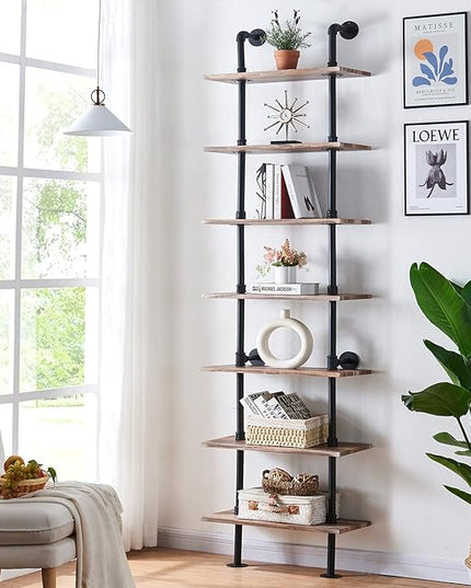HOMBAZAAR Industrial Bookshelf, 7-Tier Industrial Pipe Bookshelf, Wall Mounted Ladder Shelves with Metal Frame for Home Office, Living Room, Oak Brown - LeafyLoom