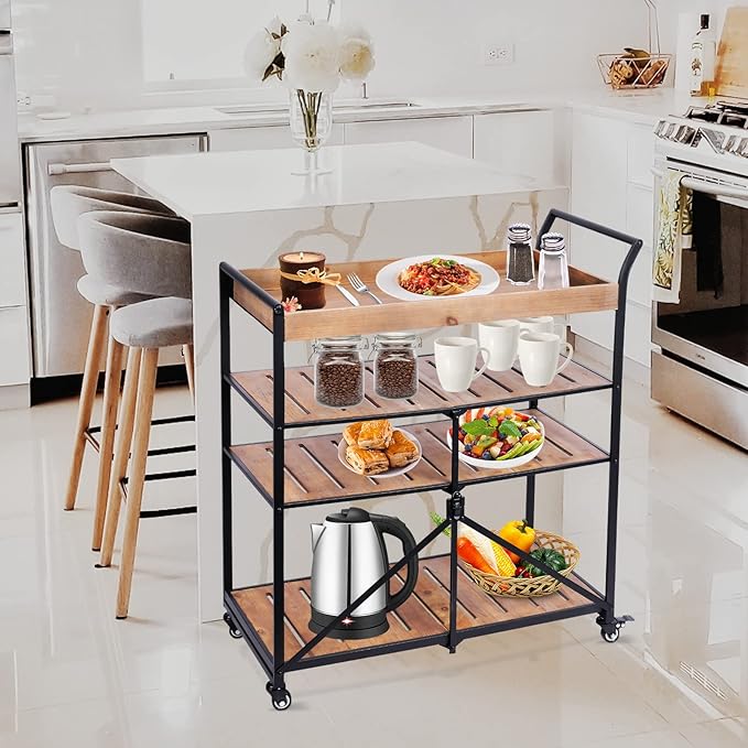 Vipush Kitchen Serving Cart, 4-Tier Kitchen Utility Cart on Wheels with Storage for Living Room, Wood Look Accent Furniture with Metal - LeafyLoom