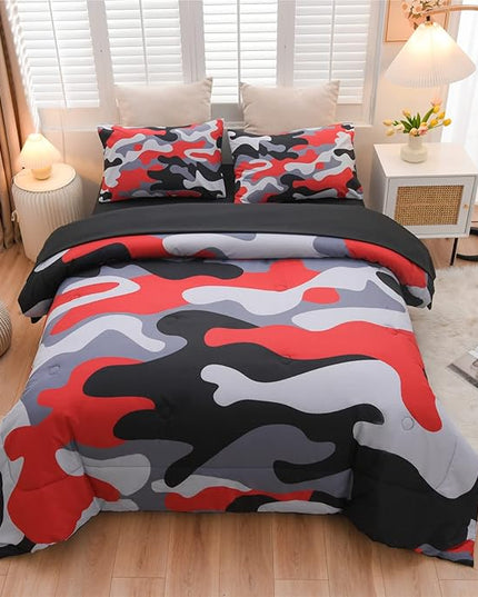 Meeting Story Camouflage Bedding Set, Colorful Pattern Style Comforter Set, 5 PCS One Comforter Two Pillowcases Two Sheets in One Bag, All Season Bedspread for Kids Teens Adults (Black, Twin 5Pcs) - LeafyLoom