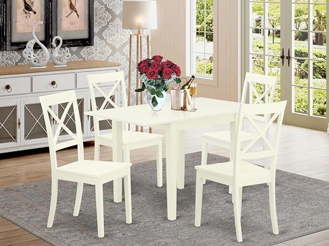 East West Furniture NDBO5-LWH-W Norden 5 Piece Room Set Includes a Rectangle Dining Table with Dropleaf and 4 Wood Seat Chairs, 30x48 Inch, Linen White - LeafyLoom