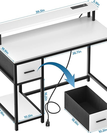 GreenForest Computer Desk with Drawers 39 inch,Gaming Desk with LED Lights & Power Outlets Small Desk with Monitor Stand and Reversible Shelf,White - LeafyLoom