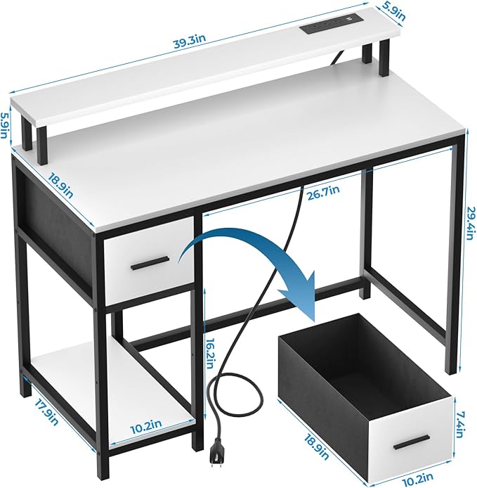 GreenForest Computer Desk with Drawers 39 inch,Gaming Desk with LED Lights & Power Outlets Small Desk with Monitor Stand and Reversible Shelf,White - LeafyLoom