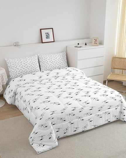 Airplane Bedding Set Full Size Flight Comforter Set for Kids Boys Girls Decor Vintage Aircraft Comforter Helicopter Flying Plane Blue and White Duvet Set Bedroom Quilt Set - LeafyLoom