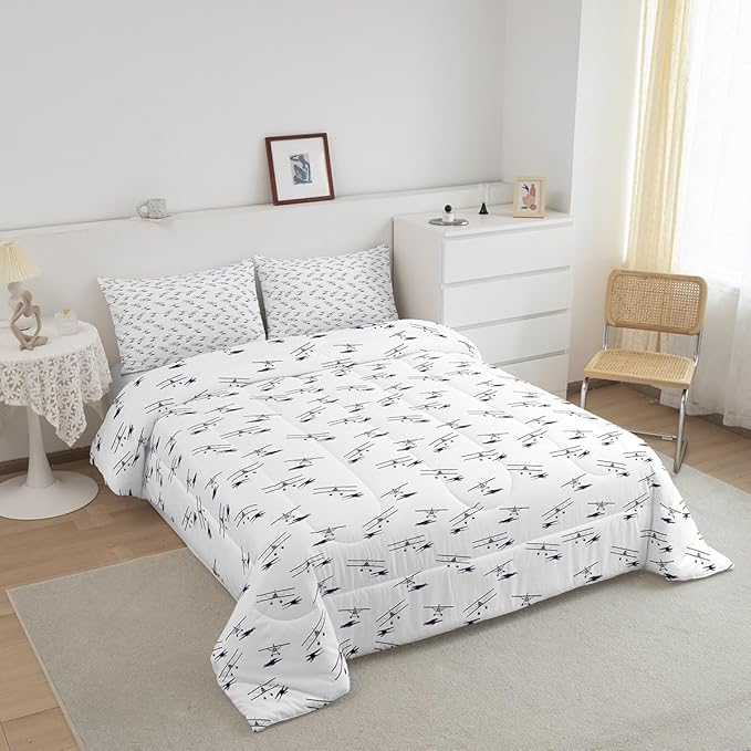 Feelyou Airplane Bedding Set King Size Flight Comforter Set for Kids Boys Girls Decor Vintage Aircraft Comforter Helicopter Flying Plane Blue and White Duvet Set Bedroom Quilt Set - LeafyLoom