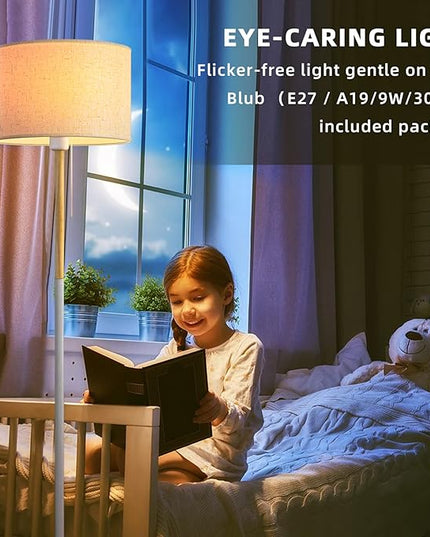Modern Floor Lamp for Living Room Traditional Farmhouse Floor Lamps Mid-Century Pole Lamp with Linen Lamp Shade, Standing Tall Floor Lamps for Bedrooms and Office (White) - LeafyLoom