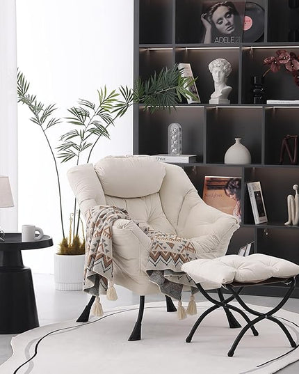 Lazy Chair with Ottoman, Modern Soft Reading Chair Accent Contemporary Lounge Leisure Sofa Chair with Armrests and a Side Pocket for Living Room, Bedroom, Dorm & Office, Beige - LeafyLoom