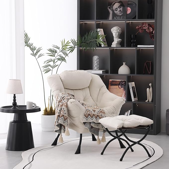Lazy Chair with Ottoman, Modern Soft Reading Chair Accent Contemporary Lounge Leisure Sofa Chair with Armrests and a Side Pocket for Living Room, Bedroom, Dorm & Office, Beige - LeafyLoom