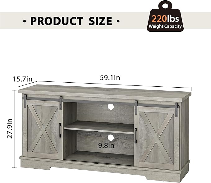 IDEALHOUSE Grey Farmhouse Cabinet, 65 Inch TV Stand with Storage, Barn Doors and Shelves, Modern TV Console Table Furniture for Living Bedroom - LeafyLoom