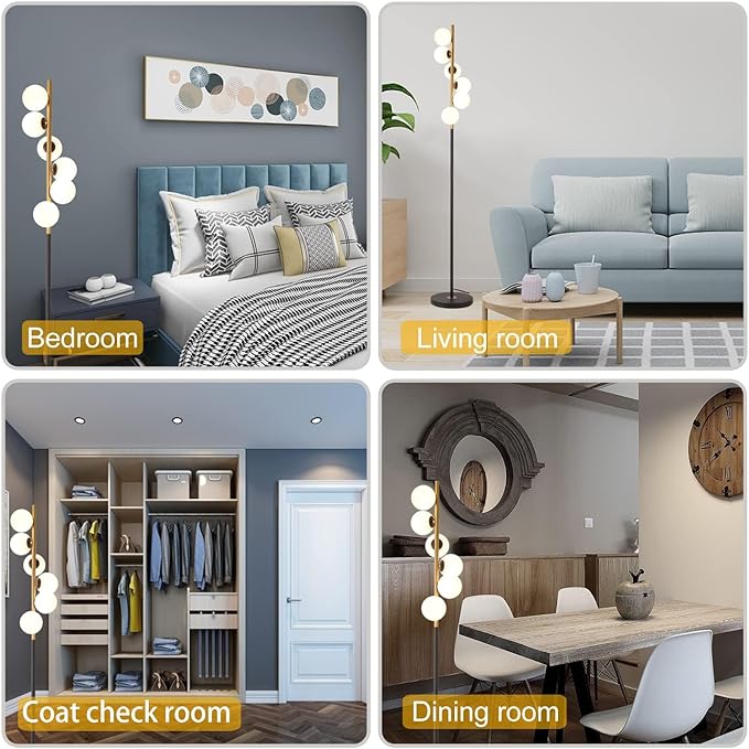 6 Globe Gold Mid Century Floor Lamp Glass Shade Antique Brass Modern Floor Lamps Contemporary Tall Pole Standing Lamp for Living Room Bedroom 3ColorTemperatures - LeafyLoom