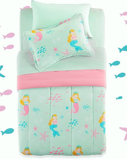 SLEEP ZONE Kids Bedding Comforter Set Full/Queen Size - Super Cute & Soft Kids Bedding 7 Pieces Set with Comforter, Sheet, Pillowcase & Sham (Mermaid Princess) - LeafyLoom