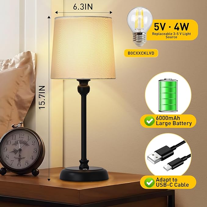 Cordless LED Table Lamp, 6000mAh Rechargeable Bedside Night Lamp for Bedroom, Portable Touch Stepless Dimmable Battery Operated Lamp, Ambient Light for Patio Restaurant(Black H) - LeafyLoom