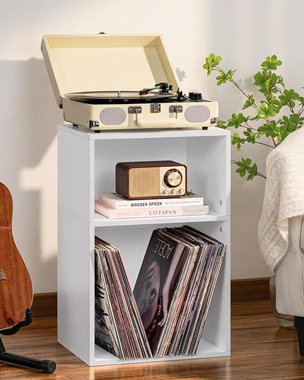 YAHARBO 2 Cube Bookshelf, White Record Player Stand with Vinyl Storage Up to 100 Albums, Horizontal Low Book Shelf, Mini Bookcase with Storage Organizer, Small Turntable Stand for Living Room, Bedroom - LeafyLoom