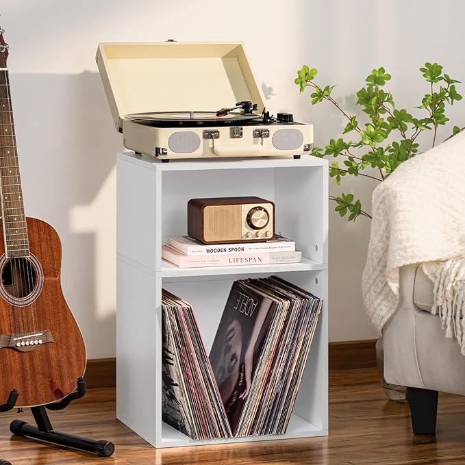 YAHARBO 2 Cube Bookshelf, White Record Player Stand with Vinyl Storage Up to 100 Albums, Horizontal Low Book Shelf, Mini Bookcase with Storage Organizer, Small Turntable Stand for Living Room, Bedroom - LeafyLoom