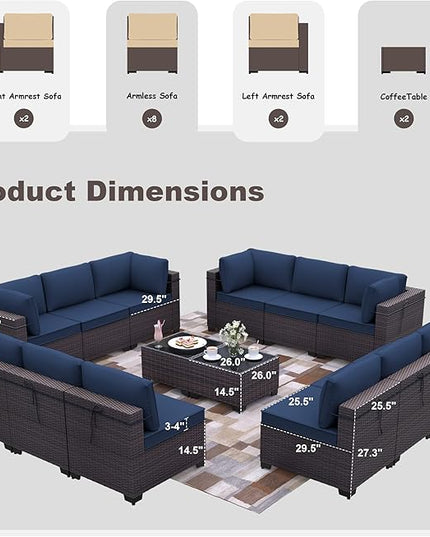 Patio Furniture Set 14-Piece Outdoor Furniture for Backyard Wicker Sectional Sofa Set, PE Rattan Patio Conversation Set 12 Seat with Thickened Cushions and Glass Coffee Tables, Navy Blue - LeafyLoom