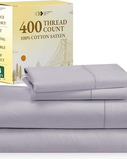 California Design Den Softest 100% Cotton Sheets, Full Size Sheet Sets, 4 Pc, 400 Thread Count Sateen Bedding, Deep Pocket Sheets, Cooling Sheets, Full Size Sheets, Breathable Bed Set (Lavender Gray) - LeafyLoom