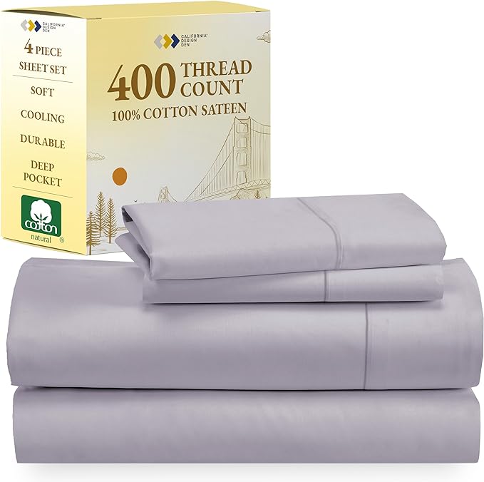 California Design Den Softest 100% Cotton Sheets, Full Size Sheet Sets, 4 Pc, 400 Thread Count Sateen Bedding, Deep Pocket Sheets, Cooling Sheets, Full Size Sheets, Breathable Bed Set (Lavender Gray) - LeafyLoom