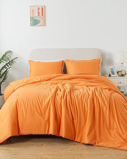 Full Size Burnt Orange Comforter Set, Solid Terracotta Down Alternative Soft Boho Bedding Comforter Set, Breathable Fluffy Microfiber Rust Comforter for All Seasons with Pillowcases - LeafyLoom