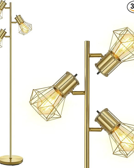 BoostArea Industrial Floor Lamp,Standing Lamp,Farmhouse Tree Floor Lamp with 3pcs 6W Edison Bulbs,Free Adjustable Cage Heads,Independent Control,Floor Lamp for Living Room,Bedroom,Rustic Home - LeafyLoom