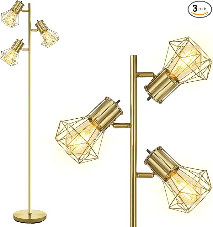 BoostArea Industrial Floor Lamp,Standing Lamp,Farmhouse Tree Floor Lamp with 3pcs 6W Edison Bulbs,Free Adjustable Cage Heads,Independent Control,Floor Lamp for Living Room,Bedroom,Rustic Home - LeafyLoom