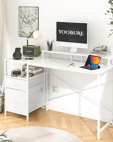 Yoobure Computer Desk, Office Desk with LED Lights & Power Outlets, Gaming Desk with Fabric File Cabinet, 55.1" Home Office Desks， Writing Desk with Drawers, Computer Table with Long Monitor Stand - LeafyLoom