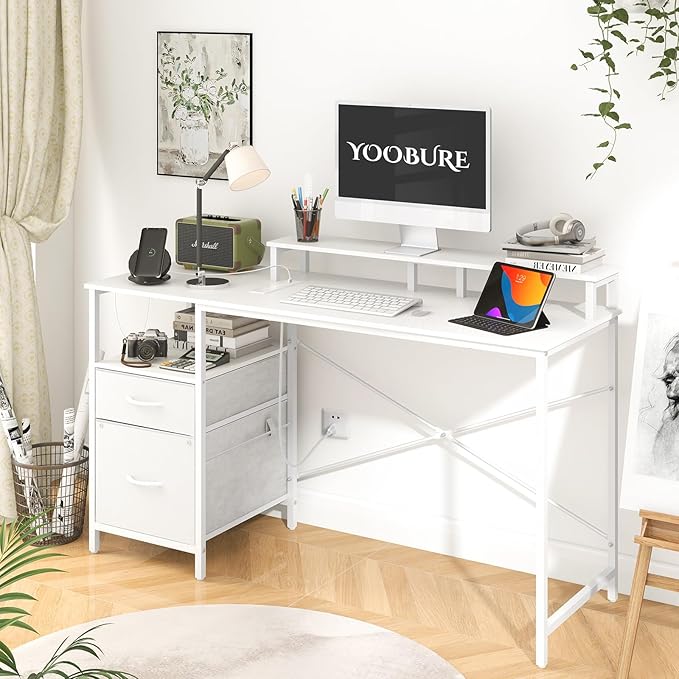 Yoobure Computer Desk, Office Desk with LED Lights & Power Outlets, Gaming Desk with Fabric File Cabinet, 55.1" Home Office Desks, Writing Desk with Drawers, Computer Table with Long Monitor Stand - LeafyLoom