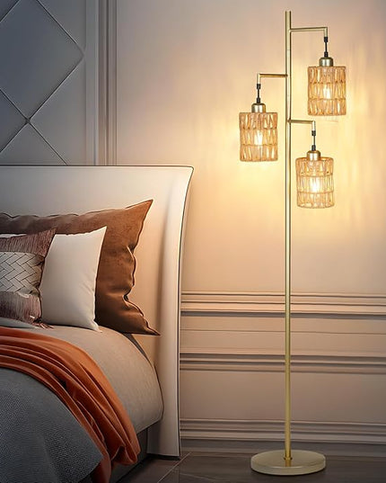 Farmhouse Floor Lamp, Industrial Style Tall Lamps, Boho Tree Standing Tall Lamp with Sturdy Modern Vintage Design for Living Room Bedroom Office Dining Room(Glod) - LeafyLoom