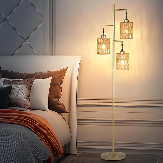 Farmhouse Floor Lamp, Industrial Style Tall Lamps, Boho Tree Standing Tall Lamp with Sturdy Modern Vintage Design for Living Room Bedroom Office Dining Room(Glod) - LeafyLoom