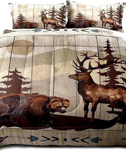 LUVIVIHOME 3PCS Brown Bear Deer Comforter Set Queen Size, Rustic Cabin Bedding Mountain Pine Tree Forest Animal Elk Wildlife Country Lodge Farmhouse Quilt Hunting Gifts for Men Hunters, 2 Pillow Shams - LeafyLoom